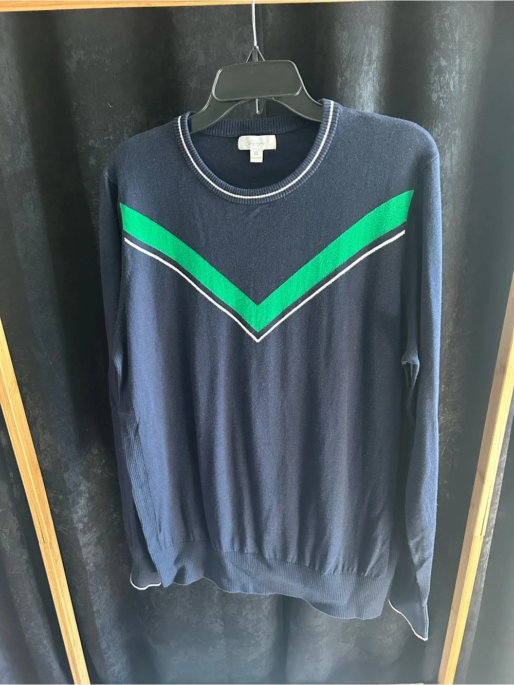 Lady Hagen Navy Crewneck Sweater with Green Chevron